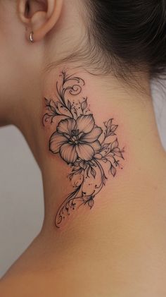 A small, delicate floral design tattoo located on the side of a female neck, in black and gray ink. The tattoo features intricate linework and shading, with no inscriptions, perfect for a minimalist aesthetic. Behind Ear Tattoos, Ear Tattoos, Neck Tattoo, Ear Tattoo, Body Art, Tattoos