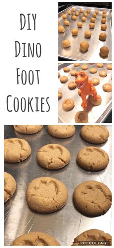 some cookies that are sitting on top of a cookie sheet with the words diy dino foot cookies