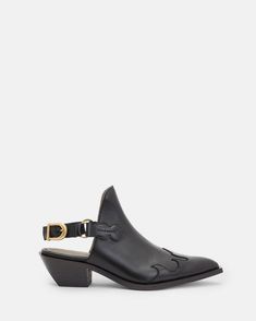 Desi Leather Western Mule Black | ALLSAINTS US Calf Leather Pointed Toe Mules With Heel Strap, Calf Leather Mules With Heel Strap And Pointed Toe, Pointed Toe Calf Leather Mules With Heel Strap, Western Leather Mules With Pointed Toe, Western Style Leather Mules With Pointed Toe, Western Leather Mules For Fall, Western Closed Toe Mules For Fall, Leather Mules With Buckle Closure And Low Heel, Western Style Closed Toe Mules For Fall