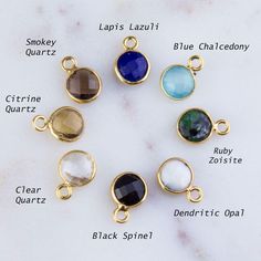 Tiny Round Gemstone Charm 6-7mm bezel Approx. 6mm gemstone Color and size will vary Available in clear quartz, black spinel, blue chalcedony, smokey quartz, lapis lazuli,ruby zoisite, citrine quartz and dendritic opal Priced per 5, 10, 15, 20, 25 or 50 pieces Dendritic Opal, Ruby Zoisite, Small Charms, Black Spinel, Blue Chalcedony, Smokey Quartz, Clear Quartz, Gemstone Colors, Metal Chain