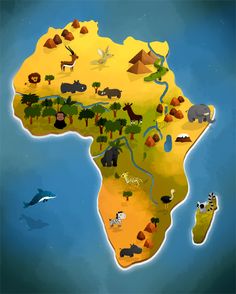 an illustrated map of africa with animals and other things in the land, including water