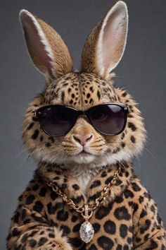 an animal wearing sunglasses and a leopard print suit with a chain around it's neck