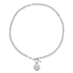 Sweet meets edgy in this sterling silver heart charm toggle necklace. Sweet meets edgy in this sterling silver heart charm toggle necklace. Chain length: 18 in. Chain type: rolo Metal: sterling silver Plating: rhodium Finish: polished Packaging: boxed Size: 18". Color: Silvertone. Gender: female. Age Group: adult. Elegant Silver Toggle Necklace With Heart Charm, Heart Shaped Sterling Silver Necklace With Toggle Clasp, Sterling Silver Heart Necklace With Toggle Clasp, Silver Heart Toggle Necklace With Heart Charm, Silver Toggle Necklace With Heart Charm For Valentine's Day, Silver Heart Toggle Necklace With Charm, Silver Heart Charm Toggle Necklace For Valentine's Day, Silver Toggle Necklace With Heart Charm, Heart Toggle Necklace