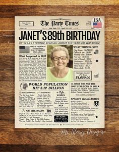 an old newspaper with the image of jane's 80th birthday on it, sitting on a wooden table