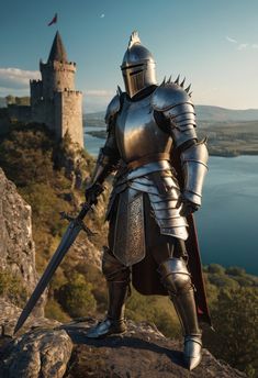 a knight standing on top of a rock next to a castle with a lake in the background