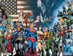 the dc comics are all lined up together in front of an american flag and stars