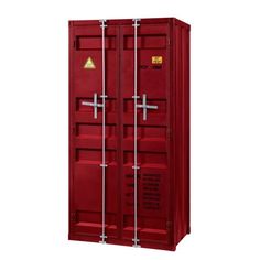 a tall red cabinet with two doors on the front and one door open to reveal it's contents