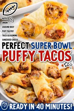 A bunch of Puffy Tacos on a plate with the ingredients needed. Puffy Tacos Recipe, Puffy Tacos, Healthy Hamburger, Dinner Sandwich, Hamburger Meat, Ground Beef Recipes For Dinner, Mexican Food Recipes Easy, Dinner Healthy, Puff Pastry Recipes