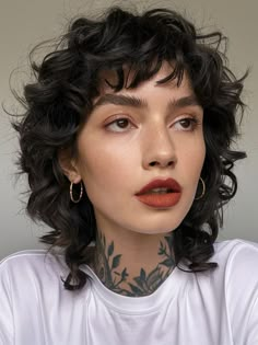 Short Length Haircut For Curly Hair, Lesbian Hairstyles Short Curly, Short Hair Curly Wolfcut, Split Dyed Hair Short Pixie Curly, Hair Between Chin And Shoulders, Curly Hairstyles Masculine Women, Short Curly Hair With Wispy Bangs, Curly Hair Short Haircut Shoulder Length, Curly Hair Shag Haircut Short