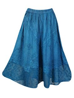 Blue Long Skirt with Embroidery, Boho Maxi Skirts, Sheer Lace Hem, Ren Faire Skirts S/M/L: Look fairytale-fancy in this enchanting maxi skirt! With a dreamy blue color, pretty embroidery, a sheer lace hem and a flattering fit that comes in three sizes, you'll be ready for any renaissance adventure! Enjoy a delightful stonewashed brown skirt, perfect for embracing the summer while basking in its refreshing hues. The fabric's comforting texture invites you to unwind. This contemporary interpretati Blue Skirted Bottoms For Festival, Traditional Blue Lined Skirt, Traditional Flowy Blue Skirt, Long Blue Embroidered Skirt, Traditional Blue Flowy Skirt, Blue Embroidered Long Skirt, Traditional Blue Summer Bottoms, Boho Maxi Skirts, Blue Long Skirt