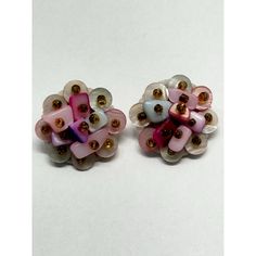 Vintage pink beaded shell earrings. Clip on vintage earrings signed Japan. Vintage beaded earrings. JH44G. Pink Clip-on Flower Earrings For Gift, Vintage Handmade Pink Flower Earrings, Pink Handmade Vintage Flower Earrings, Handmade Vintage Pink Flower Earrings, Handmade Pink Vintage Flower Earrings, Pink Costume Jewelry Earrings For Gift, Vintage Pink Drop Earrings, Vintage Pink Flower Earrings For Party, Unique Pink Round Bead Earrings