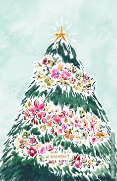 a painting of a christmas tree with flowers on it