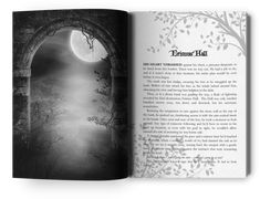 an open book with black and white illustrations on the pages, which are in front of a full moon