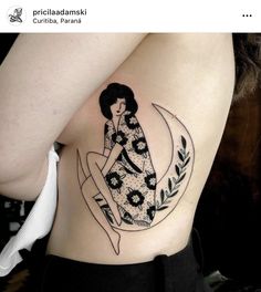 a woman is sitting on the moon with her arm around her neck and tattoo design