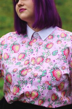 Show your love for strawberries and be stylin' in our adorable Strawberry Button-Up Shirt! Wear this tucked in, tied up, or full length! Perfect for summer or when you want to feel cute! 🍓 Specifications:  *Sizes range from  XS-3XL *UNISEX - (Runs a little large for an oversized look. I'd recommend sizing down for regular fit). *Short sleeves *Stretch Polyester for a comfy and soft feel Cute Summer Button-up Tops, Cute Button-up Summer Tops, Playful Collared Shirt For Summer, Cute Strawberry Print Tops For Spring, Cute Collared Summer Shirt, Cute Collared Shirt For Summer, Sweet Cotton Summer Shirt, Sweet Summer Cotton Shirt, Cute Pink Top With Cute Collar