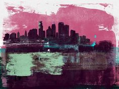 an abstract painting of a cityscape with pink and green colors in the background