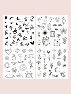 four different types of tattoos on white paper, each with black ink and various designs