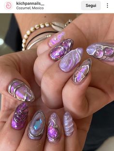 Calcifer Nails, Nails Con Relieve, Purple Glitter Nails, Magic Nails, Hard Nails, Vintage Nails, Studded Nails, Glow Nails, Soft Nails