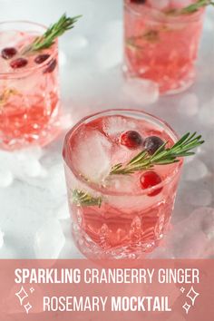 sparkling cranberry ginger rosemary cocktail with rosemary garnish on the rims