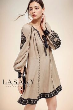 Lasaky - Embroidered Long Sleeve Boho-Style Mini Dress Beige Embroidered Long Sleeve Dress, Long Sleeve Embroidered Beige Dress, Embroidered Beige Fall Dresses, Fall Embroidered Beige Dress, Long Sleeve Beige Dress With Embroidered Hem, Beige Long Sleeve Dress With Embroidered Hem, Casual Long Sleeve Dresses With Geometric Embroidery, Beige Long Sleeve Dress With Intricate Embroidery, Folk Style Long Sleeve Dress With Embroidered Neckline