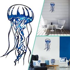 three different pictures of blue and white decor