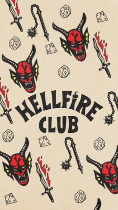 the hellfire club logo is surrounded by skulls, swords and skull heads on white paper