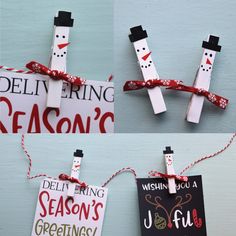 four pictures of snowmen made out of toilet paper and clothes pins, tied with twine