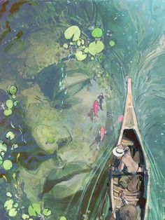 a man in a canoe floating on top of a lake filled with lily pads and people