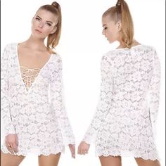 White Lace Long Sleeve Swim/Beachwear Coverup. 65% Cotton 35% Polyester. . Lace In A Rose Pattern ( See Last Photo) . Very Soft Material. Measurements ( Approximately ) With Garment Laying Flat: Pit To Pit: 15 1/2inches Shoulder (Arm Seam To Neck) : 5 Inches Length: 27 Inches 4202/#2glb Lace Swimwear, Long Sleeve Swim, Rose Pattern, Long Sleeve Lace, White Lace, Womens Swim, Cover Up, Lace, White