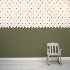 Dotty Scallops Green - Forest Green Scalloped Edge with Terracotta Dots Wallpaper Mural with Baby Chair Green Scalloped Wall, Sage Green Scalloped Wall, Scallop Edge Wall, Green Scallop Wall Nursery, Green Scallop Wall, Girls Bedroom Wallpaper, Kindergarten Wallpaper, Tree Wall Murals, Polka Dots Wallpaper