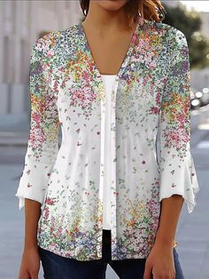 Print Outerwear, Womens Jackets Casual, Print Flower, Pattern Flower, Light Blue Green, Jackets Online, Aesthetically Pleasing, Casual Jacket, Women's Casual