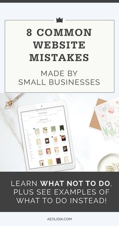 an ipad with the words 8 common website mismats made by small businesses, plus see examples of what to do instead