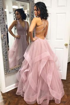 Sexy Deep V Neck Ruffled Prom with Criss Cross Back Long Party Dress - Prom Dresses Pink Tulle Evening Dress, Outfit Verano, Prom Dresses Long Pink, Butterfly Designs, Outfit Autumn, Outfit Styling, Summer Office, V Neck Prom Dresses, Tulle Evening Dress