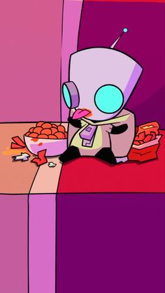 a cartoon character sitting at a table eating food