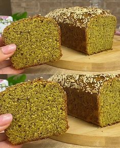 three slices of green tea cake with sesame seeds on top, being held by two hands