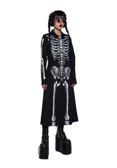 don't get caught in the dead of night… This long trench coat has a twill construction, button closures, and skeleton prints on the front and arms. Dead Of Night, Neon Outfits, Skeleton Print, Costume Store, Long Trench, Long Trench Coat, Trench Coat Black, Dolls Kill, Exclusive Collection