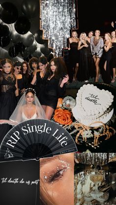 a group of women standing next to each other in front of black and white balloons