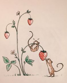 a drawing of a mouse picking strawberries from a plant with the help of a stick