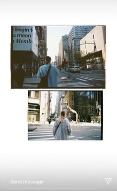 two pictures of people walking down the street with buildings in the background and an advertisement for men's health