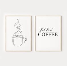 two black and white prints with coffee cups