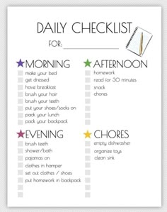 the daily checklist for morning and evening hours is shown in this printable version