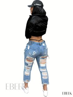 Ebeek - Womens Distressed Blue Straight Leg Jeans with Ripped Holes and Slant Pockets - Premium Non-Stretch Denim Pants Ripped Cropped Jeans For Fall, Ripped Cropped Denim Bottoms, Casual Ripped Jeans For Winter, Fitted Ripped Jeans For Winter, Winter Ripped Fitted Jeans, Winter Fitted Ripped Jeans, Winter Ripped Straight Leg Jeans, Winter Straight Leg Ripped Jeans, Casual Ripped Jeans