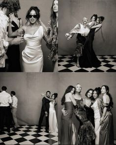 black and white photos of women in dresses posing for pictures with one woman on the other side