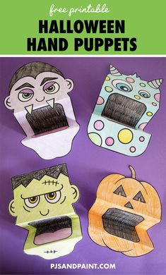 four halloween hand puppets with the words, free printables for kids to make