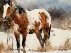 a painting of a horse standing in the snow with it's head turned to the side