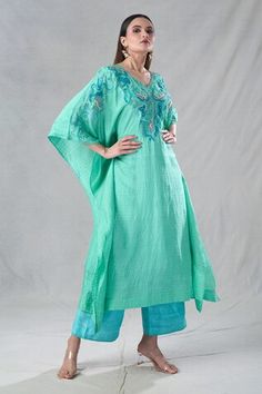 Sea green kaftan with resham, zardozi embroidery in floral pattern on neckline. Paired with matching inner and sea blue pant. - Aza Fashions Blue Embroidered Fitted Kaftan, Blue Resham Embroidery Floor-length Kaftan, Green Printed V-neck Kaftan, Green Kaftan, Blue Embellished V-neck Kaftan, Blue Embroidered V-neck Kaftan, Zardozi Embroidery, Blue Pants, Sea Blue