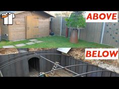 before and after pictures of a small garden shed with an above ground pool in the backyard