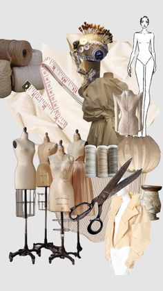 a collage of mannequins, fabric and sewing supplies