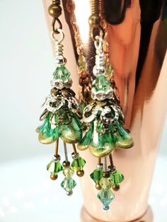 Green And Gold Lucite Flower Earrings ~ Petite Crystal Flower Earrings ~ Bohemian Vintage Style, Lucite Flower Earrings, Gold Flower Earrings, Crystal Flowers, Vintage Bohemian Style, Earrings Handmade Dangle, Vintage Style Earrings, Flowers Handmade, Swarovski Crystal Beads