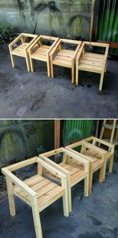 three wooden benches sitting next to each other